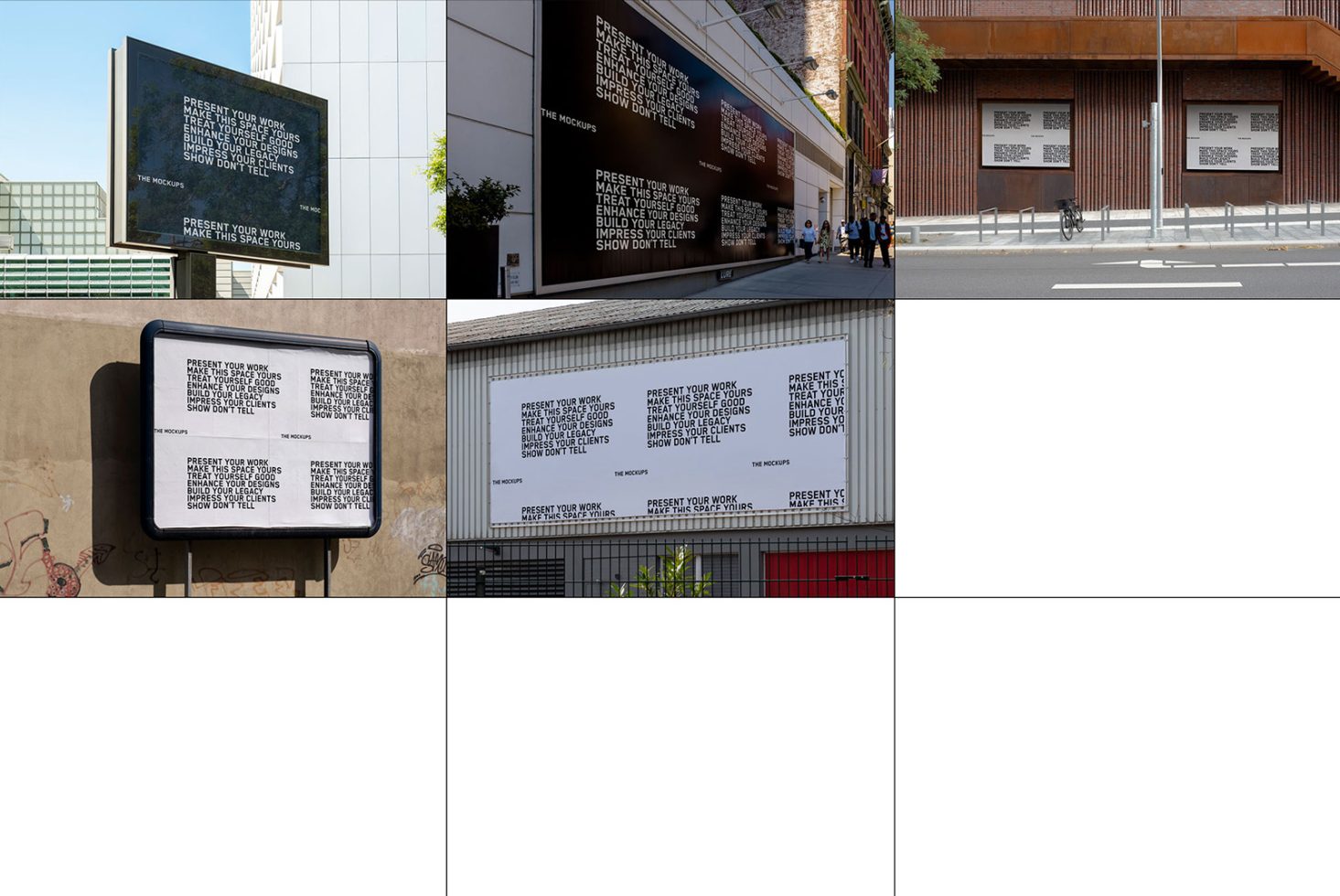 Set of billboard mockups in urban settings, ideal for presenting advertisements or graphic designs in a realistic environment for designers.